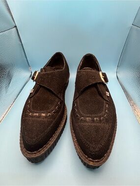 T.U.K  Suede Pointed Black Single Monk Strap Loafers